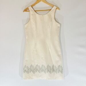 Pineapple Moon Women Medium Dress Cream Silk Sleeveless Sheath Tropical Island